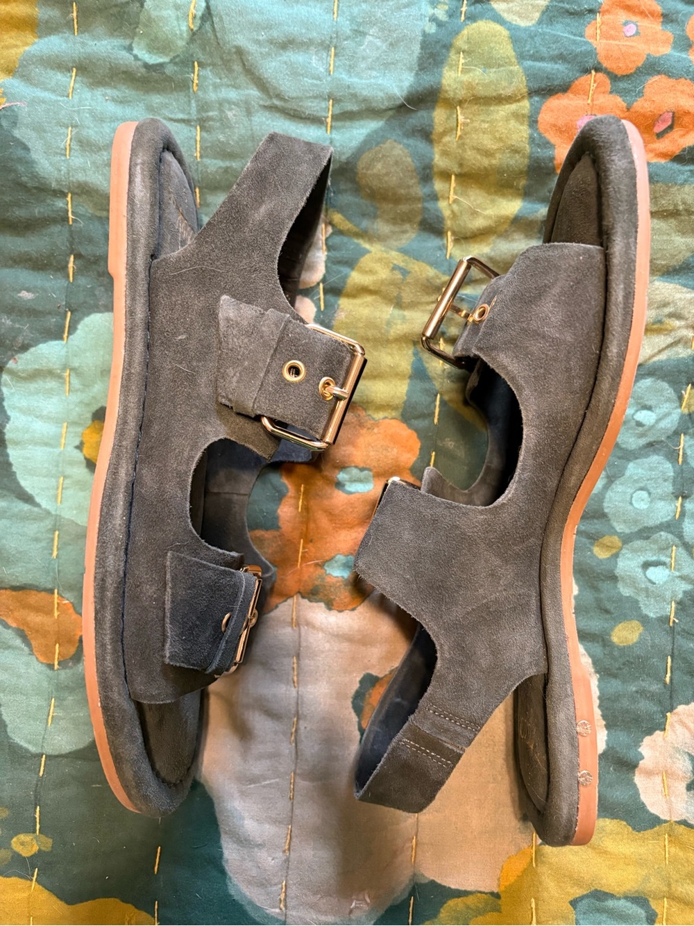 beek Kids Suede Double-Buckle Sandals in Slate Blue with Gold Buckles - Picture 3 of 5
